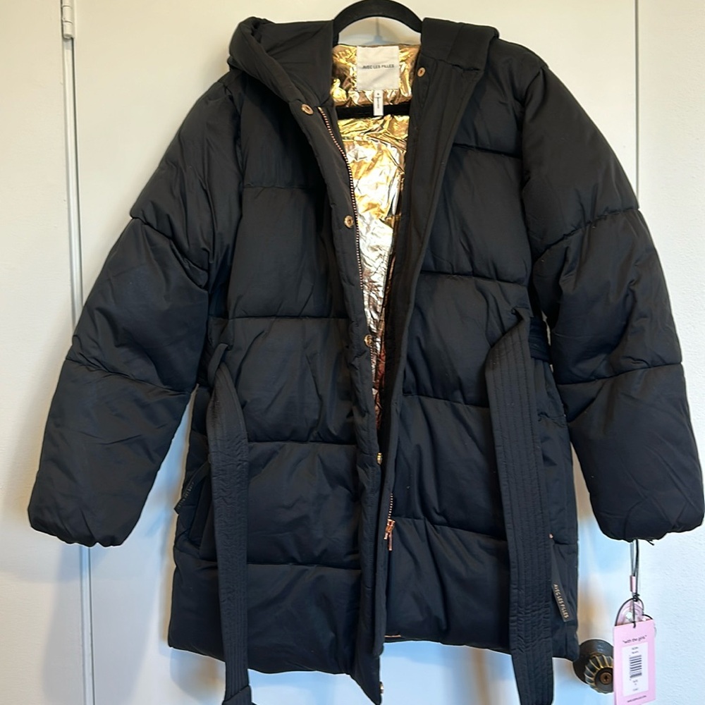 Avec Les Filles Hooded Wrap Puffer Coat w/ Belt, Black, Small